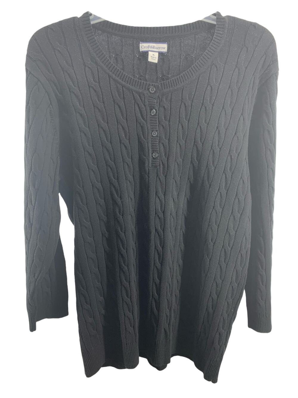 Croft & Barrow Black Cable Knit Quarter Button Pullover Sweater Women's Size XL
